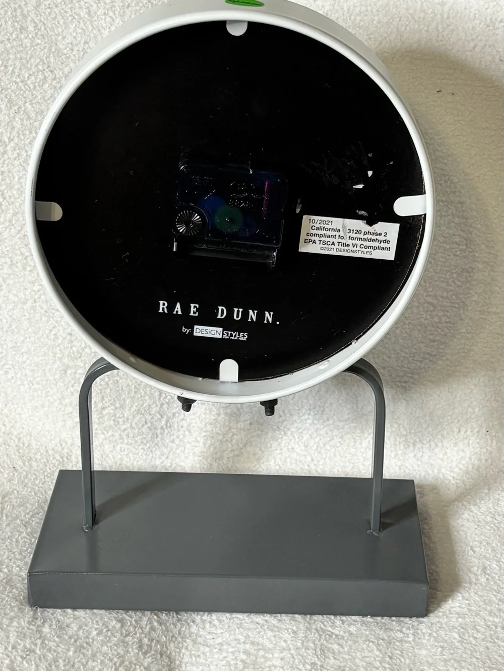 Rae Dunn White and Black Tabletop Clock on Gray Base